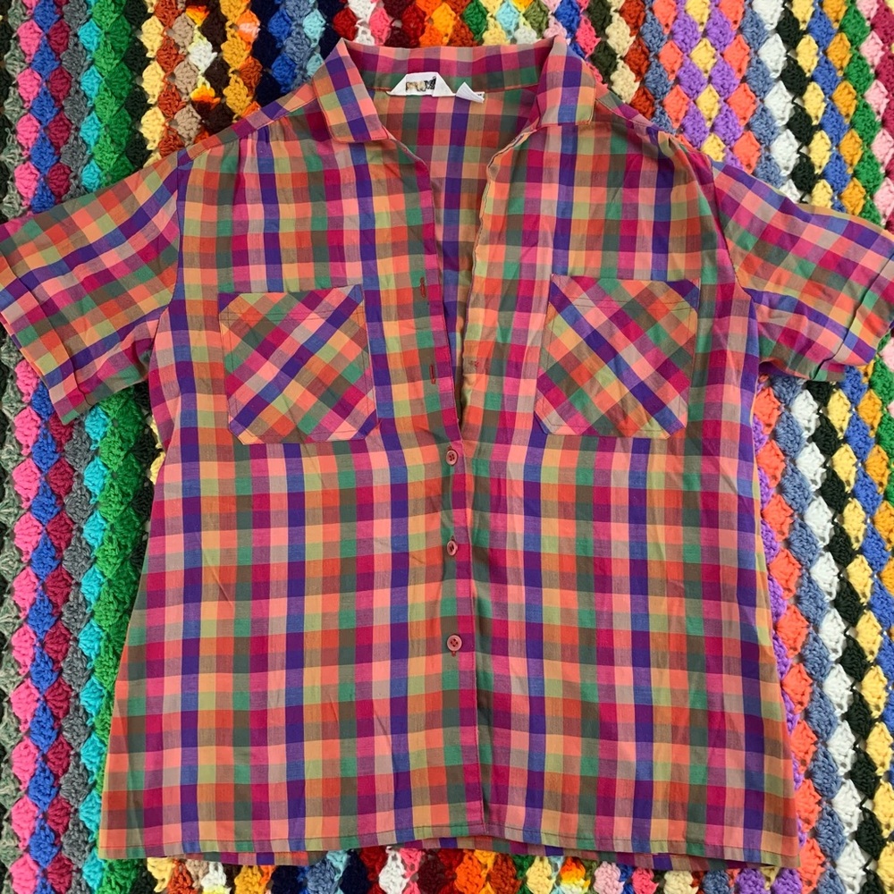 Vintage 80s Ecco Bay Plaid Rainbow Multi Checkered Short Sleeve Button U… - Picture 8 of 14